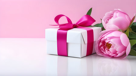 Gift with a pink ribbon with peonies on a white and pink background. Banner for Valentine's Day, March 8, birthday. High quality photoの素材