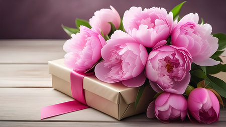 Gift with pink ribbon with peonies on a wooden table. Banner for Valentine's Day, March 8, birthday. Watercolor drawing. High quality photoの素材