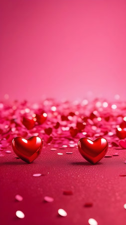 Two glossy hearts on a red background with confetti. Background for Valentine's day. High quality photoの素材