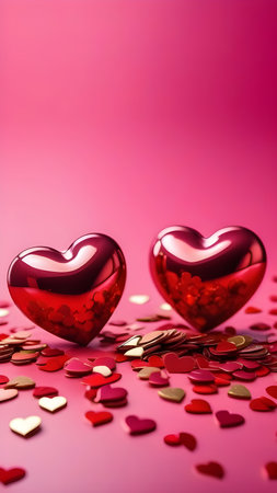 Two glossy hearts on a red background with confetti. Background for Valentine's day. High quality photoの素材