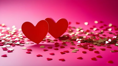 Two hearts on a pink background with confetti. Background for Valentine's day. High quality photoの素材