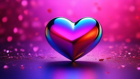 Halographic glossy heart on a neon pink-violet background. Background for Valentine's day. High quality photoの素材