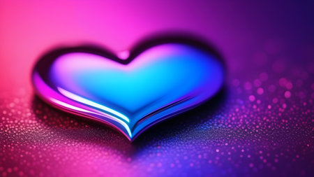 Halographic glossy heart on a neon pink-violet background. Background for Valentine's day. High quality photoの素材