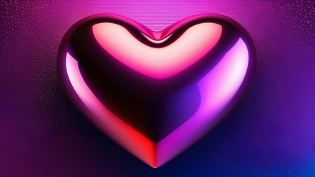 Halographic glossy heart on a neon pink-violet background. Background for Valentine's day. High quality photoの素材