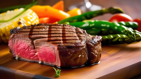 Meat steak with vegetables on a wooden board. High quality photoの素材