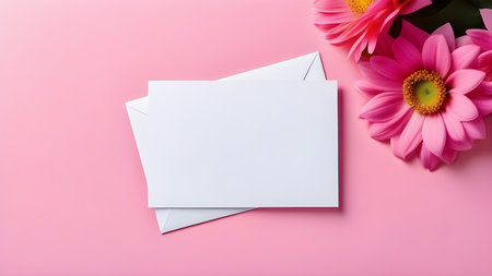 White sheet, letterhead, invitations on a pink background with flowers. High quality photoの素材