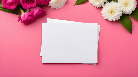 White sheet, letterhead, invitations on a pink background with flowers. High quality photoの素材