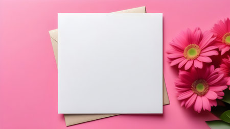 White sheet, letterhead, invitations on a pink background with flowers. High quality photoの素材