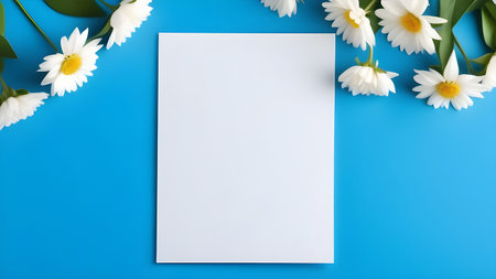 White sheet, letterhead, invitations on a blue background with flowers. High quality photoの素材