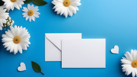 White sheet, letterhead, invitations on a blue background with flowers. High quality photoの素材