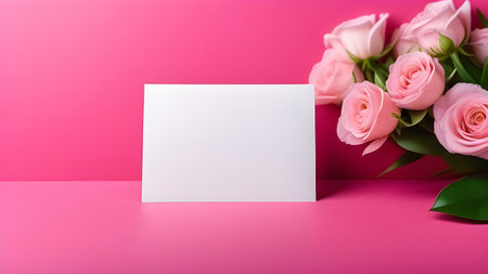 White sheet, letterhead, invitations on a pink background with flowers. High quality photoの素材