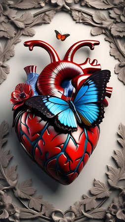 Anatomical heart with flowers and butterflies. Background for Valentine's Day. High quality photoの素材