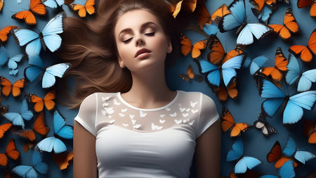 A girl in love is lying down with a lot of butterflies around her. High quality photoの素材