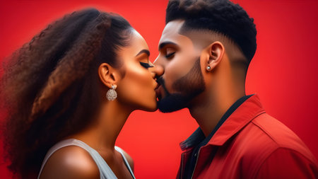 Kiss of a man and a woman on a red background. Background for Valentine's Day. High quality photoの素材