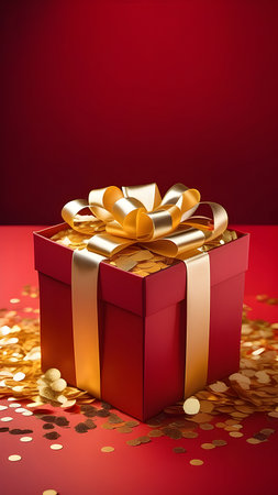 Gift with gold ribbon and confetti on a red vertical background. High quality photoの素材