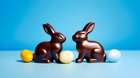 Chocolate Easter bunnies on a blue background with space for text. High quality photoの素材