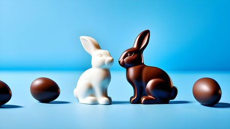 Chocolate Easter bunnies on a blue background with space for text. High quality photoの素材