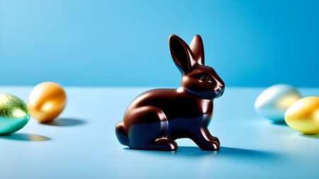 Chocolate Easter bunny on a blue background with space for text. High quality photoの素材
