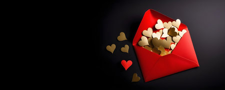 Red envelope with gold hearts on a black background. Banner for Valentine's Day. High quality photoの素材