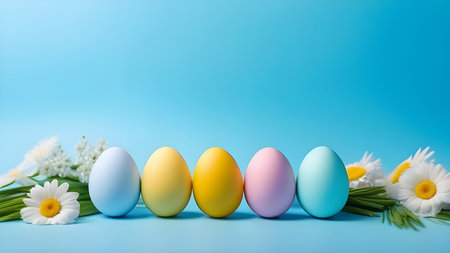 Easter eggs and flowers on a blue background with space for text. High quality photoの素材
