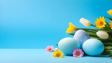 Easter eggs and flowers on a blue background with space for text. High quality photoの素材