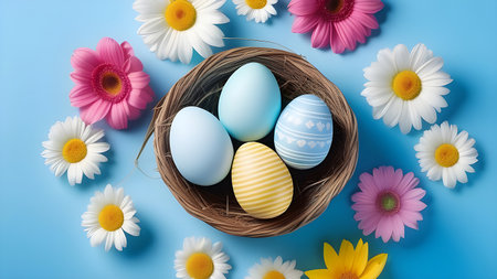 Easter eggs and flowers on a blue background. High quality photoの素材