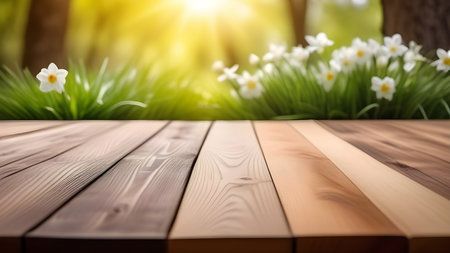 Empty wooden table with green blurred background. High quality photoの素材
