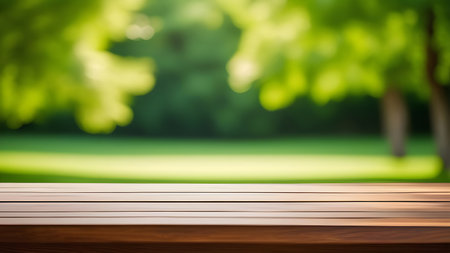 Empty wooden table with green blurred background. High quality photoの素材