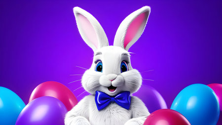 Cartoon Easter bunny among balloons. High quality photoの素材