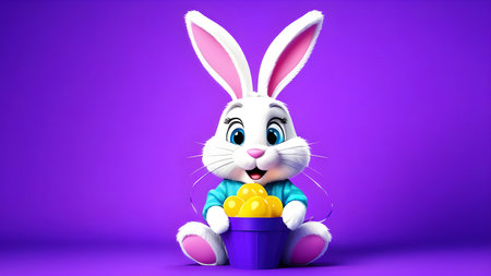 Cartoon bunny with Easter eggs on a purple background. High quality photoの素材