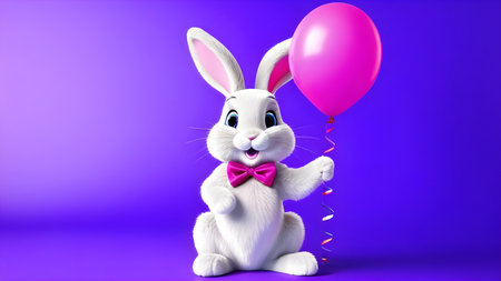 Cartoon Easter bunny with a pink balloon. High quality photoの素材
