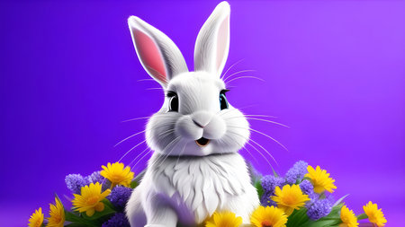 Cartoon Easter bunny among flowers. High quality photoの素材