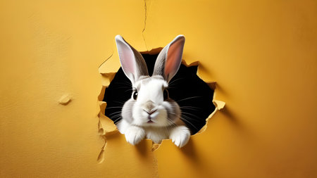 The rabbit gnawed a hole in the wall, a rabbit hole. Yellow background for Easter. High quality photoの素材