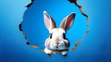 The rabbit gnawed a hole in the wall, a rabbit hole. Blue background for Easter. High quality photoの素材