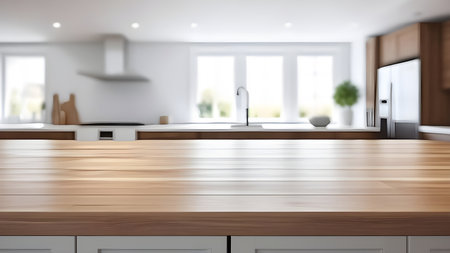 Empty table in modern kitchen with blurred background. High quality photoの素材