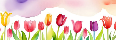 Background of tulip flowers in watercolor with place for text. High quality photoの素材