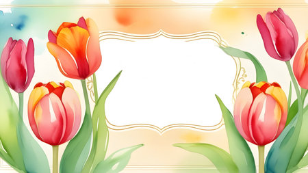 Background of tulip flowers in watercolor with place for text. High quality photoの素材