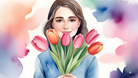 Woman with a bouquet of tulips. Background for March 8. High quality photoの素材