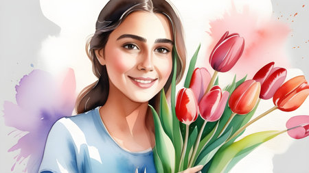 Woman with a bouquet of tulips. Background for March 8. High quality photoの素材
