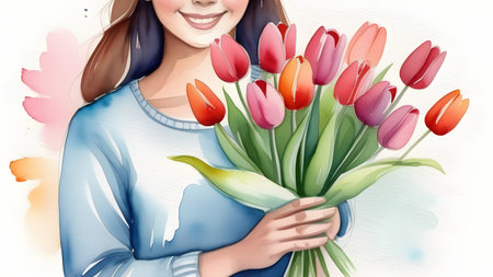 Woman with a bouquet of tulips. Background for March 8. High quality photoの素材