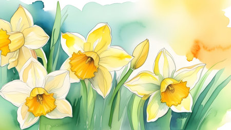 Watercolor drawing of daffodils. High quality photoの素材