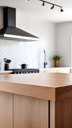 Empty table in modern kitchen with blurred background. High quality photoの素材