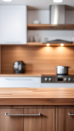 Empty table in modern kitchen with blurred background. High quality photoの素材