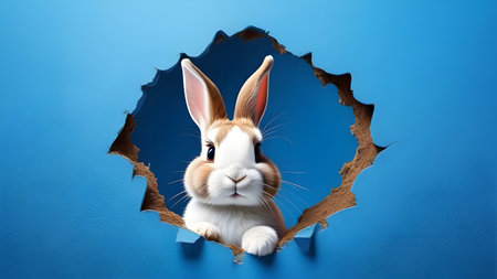 The rabbit gnawed a hole in the wall, a rabbit hole. Blue background for Easter. High quality photoの素材