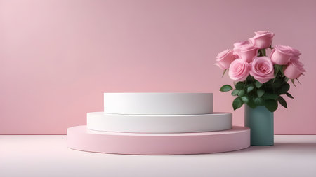 White podium, display for product presentation on a pink background with roses. High quality photoの素材