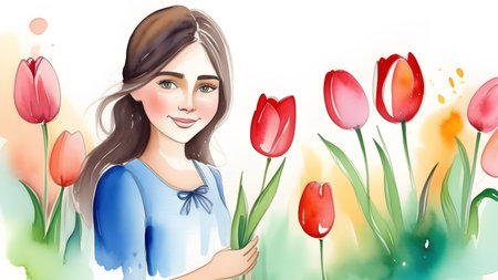 Woman with a bouquet of tulips. Background for March 8. High quality photoの素材