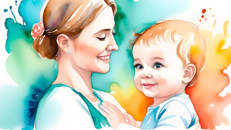 A woman with a baby in her arms. Background for March 8, Mother's Day. High quality photoの素材