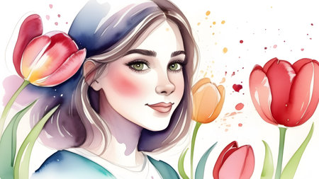 Woman with a bouquet of tulips. Background for March 8. High quality photoの素材