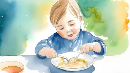 A child eats, watercolor drawing. High quality photoの素材