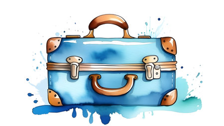 Watercolor drawing of a blue suitcase. High quality photoの素材